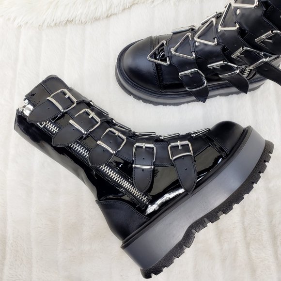 Men's Unisex Slacker Triangle Gear Goth Punk Platform Mid Calf Boots - Picture 7 of 12